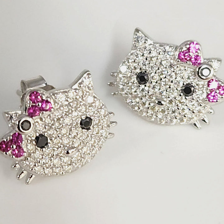 925 Sterling Silver Hello Kitty Style Earrings W/ CZ & Ruby Accent Sparkle Studs