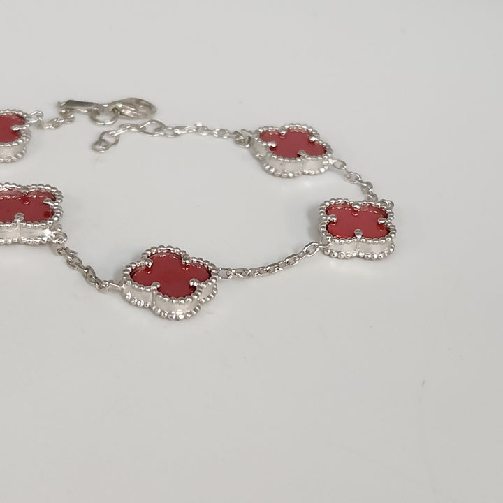 Elegant Silver Red Floral Charms Bracelet 7.5"
