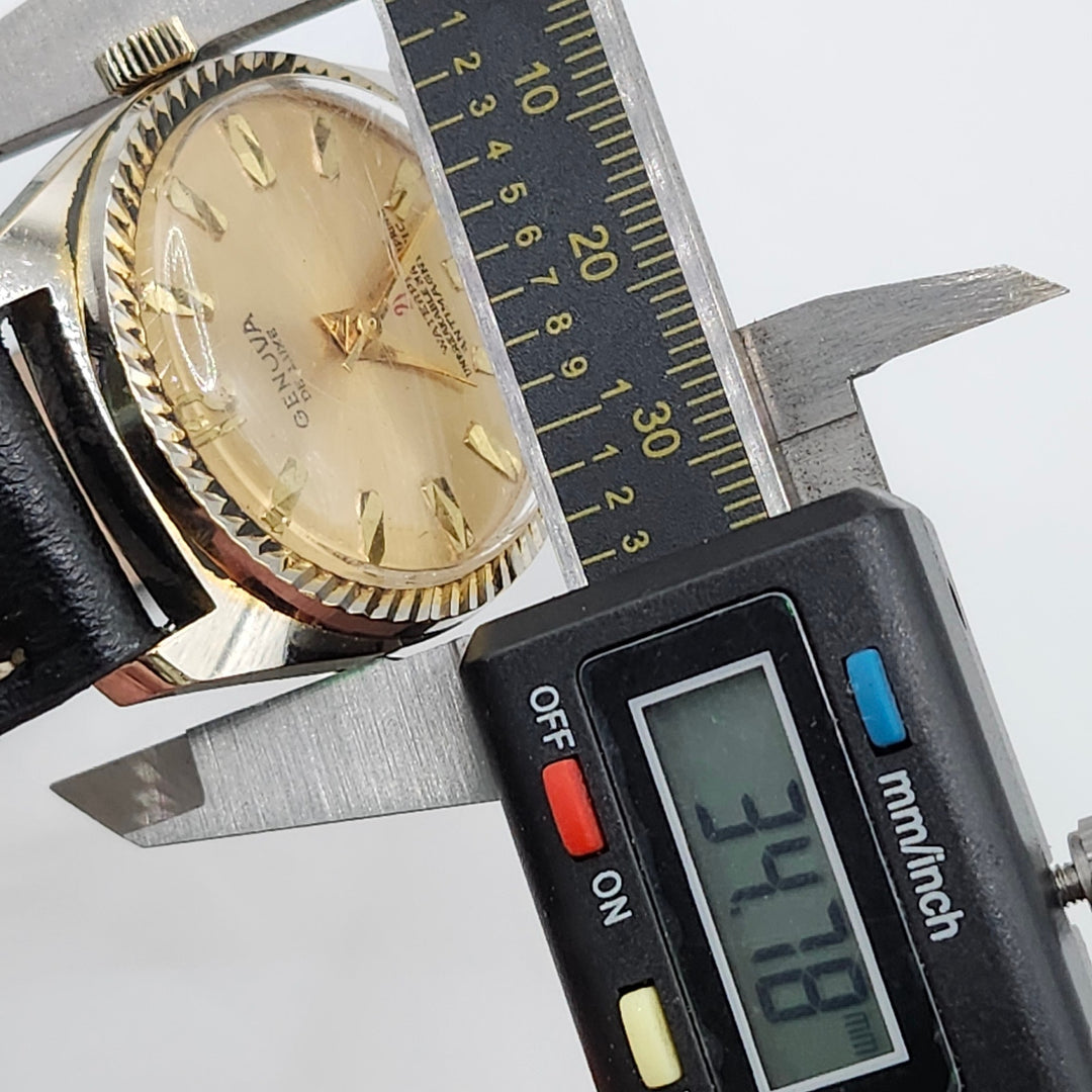 Genova De Luxe 21 Jewels Mechanical Watch Fluted Bezel & Black Leather Strap