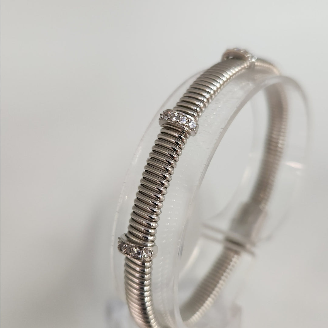 925 Sterling Silver Ribbed Cuff Bracelet with CZ Accents 7.2"