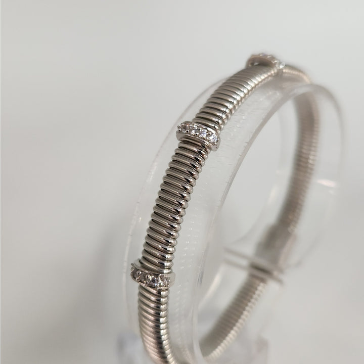 925 Sterling Silver Ribbed Cuff Bracelet with CZ Accents 7.2"