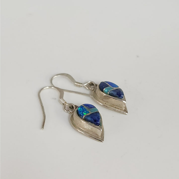 Vintage 925 Sterling Silver Blue Opal Turquoise Lapis Teardrop Dangle Earrings