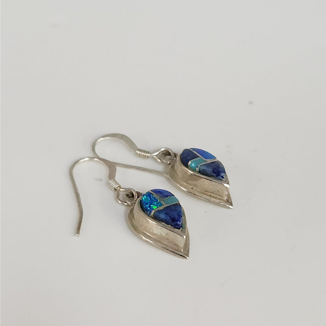 Vintage 925 Sterling Silver Blue Opal Turquoise Lapis Teardrop Dangle Earrings