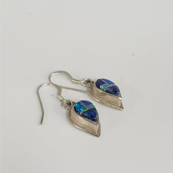 Vintage 925 Sterling Silver Blue Opal Turquoise Lapis Teardrop Dangle Earrings