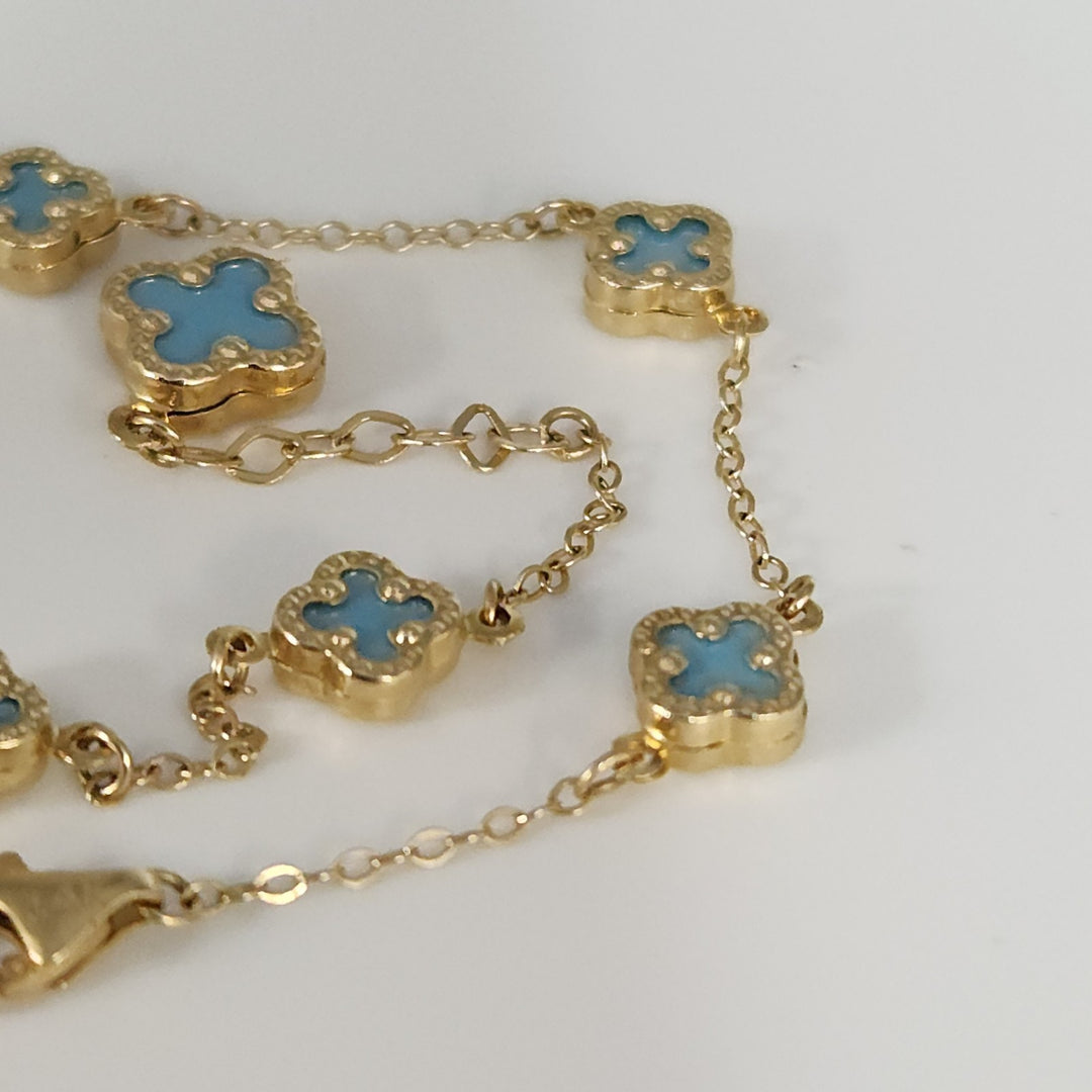 14k Yellow Gold Fashion Blue Flowers Bracelet 7.5"