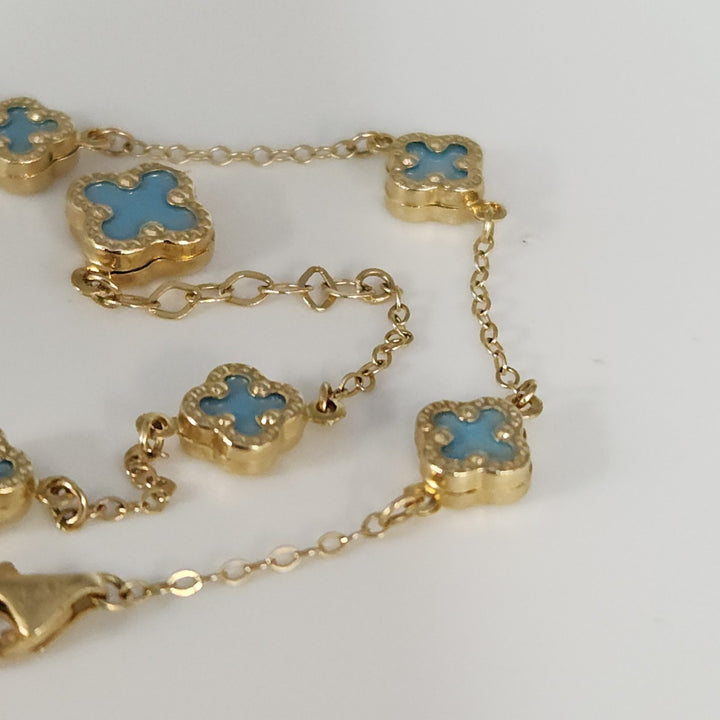 14k Yellow Gold Fashion Blue Flowers Bracelet 7.5"