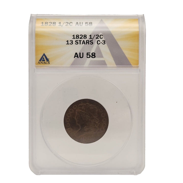 ANACS AU58 DETAILS 1828 Classic Head 13 Stars Copper Half Cent 1/2C C3