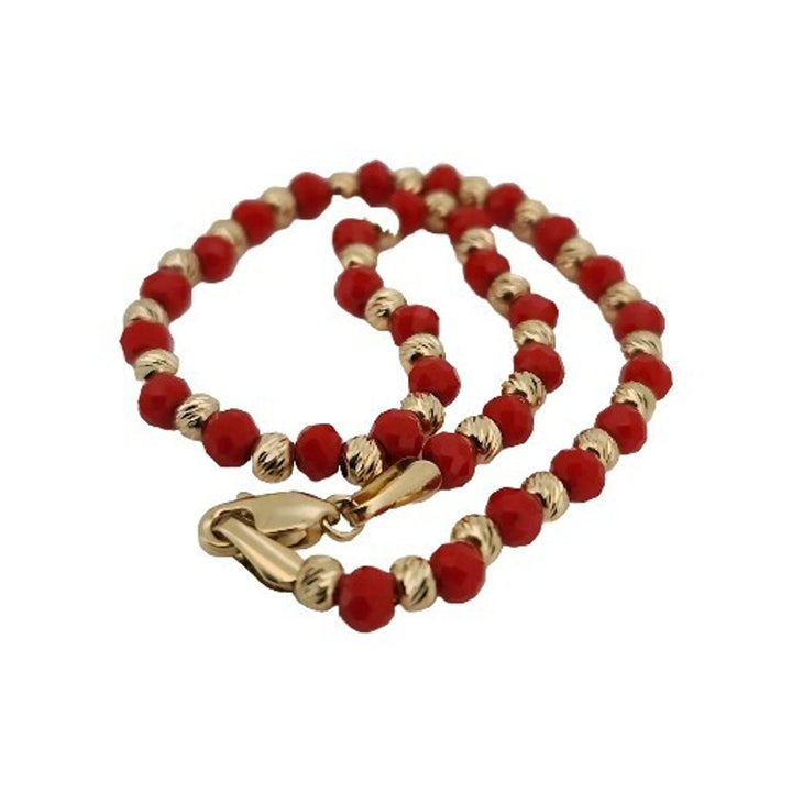 14k Yellow Gold Fashion Red And Gold Beaded Bracelet 7.5"
