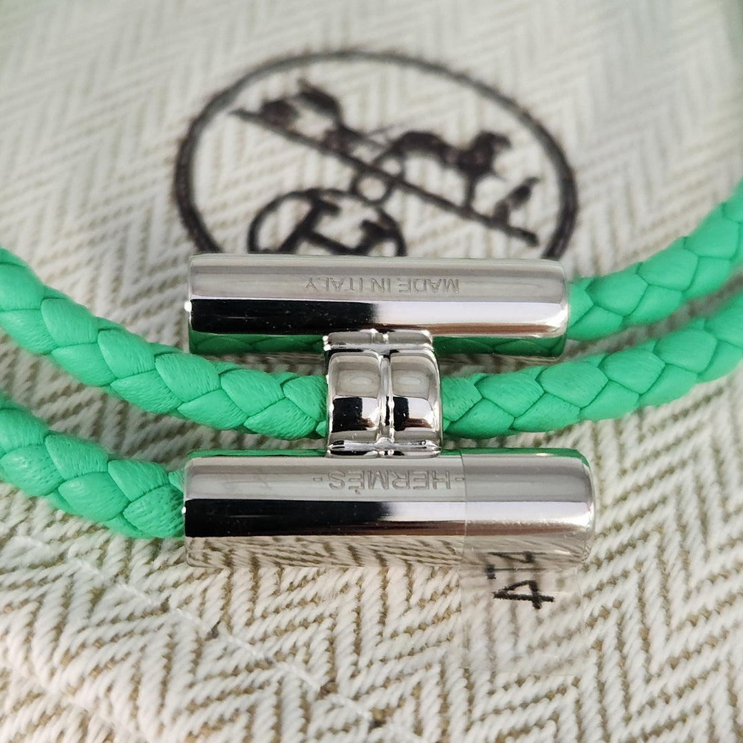 New Hermes Green Tournis Tresse Bracelet Swift Calfskin Authentic T4