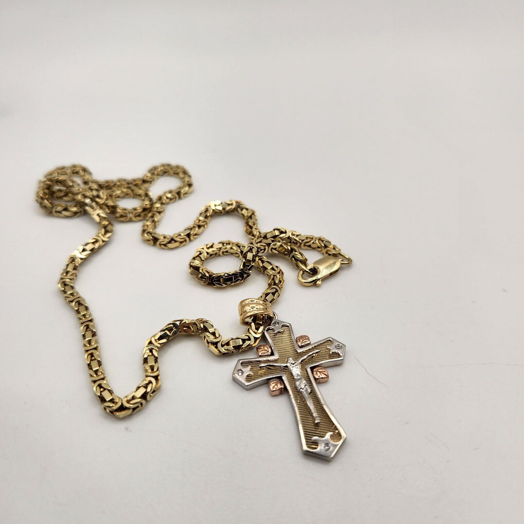 14k Yellow Gold Two Tone Cross Pendant Solid Turkish Chain Necklace 21"