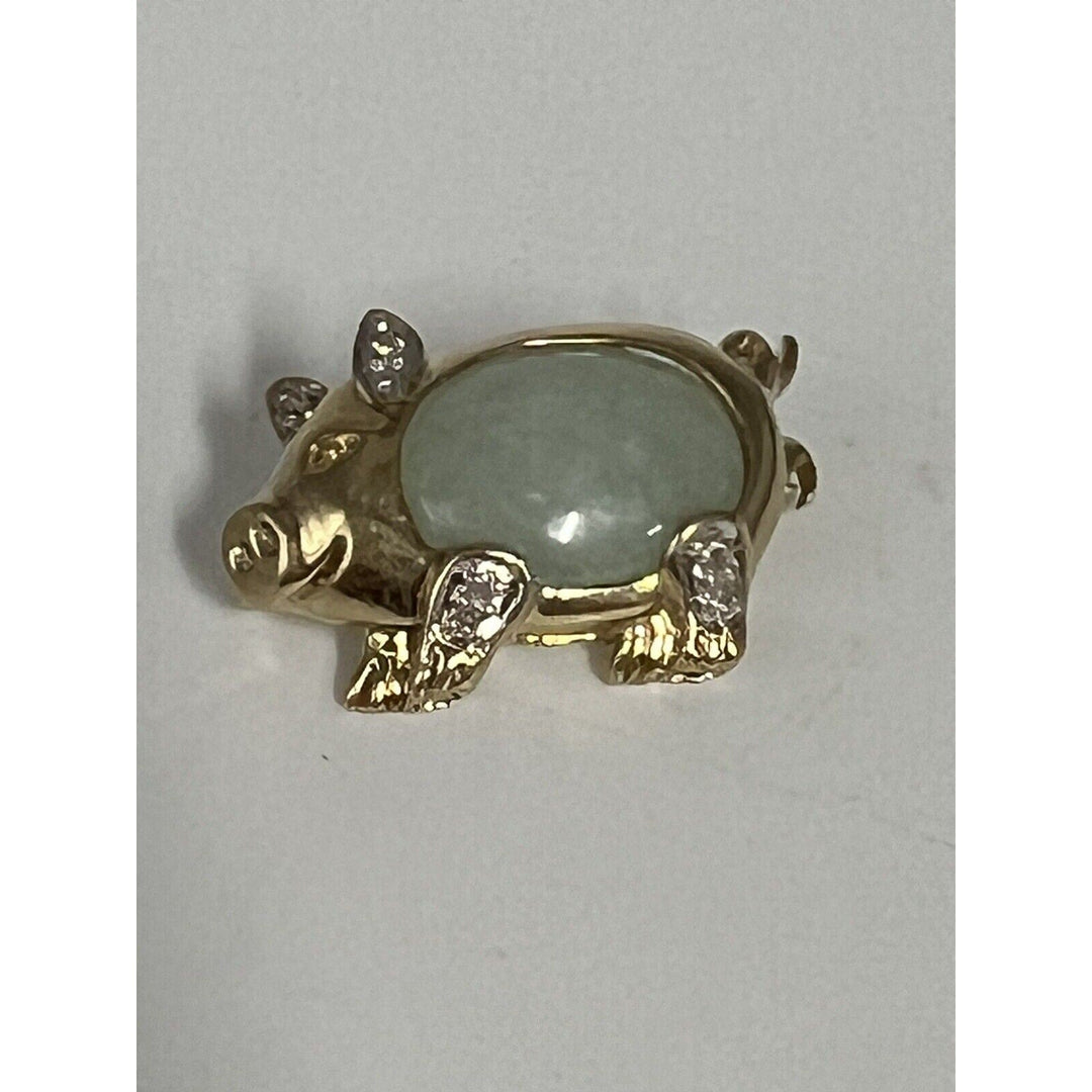 10k Yellow Gold Jade & Diamond Pig Brooch pin And Pendant