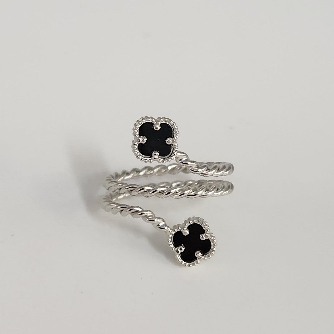 Elegant Silver Double Onyx Clover Adjustable Ring