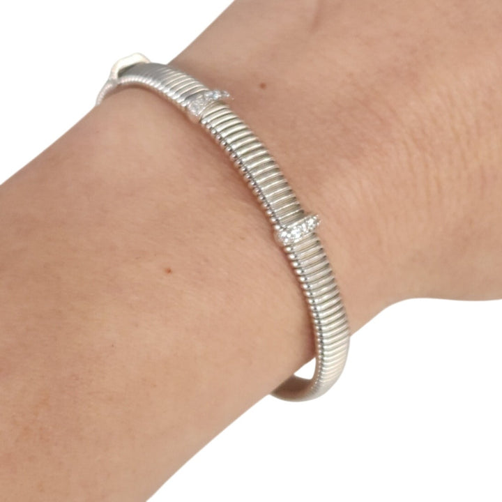 925 Sterling Silver Ribbed Cuff Bracelet with CZ Accents 7.2"