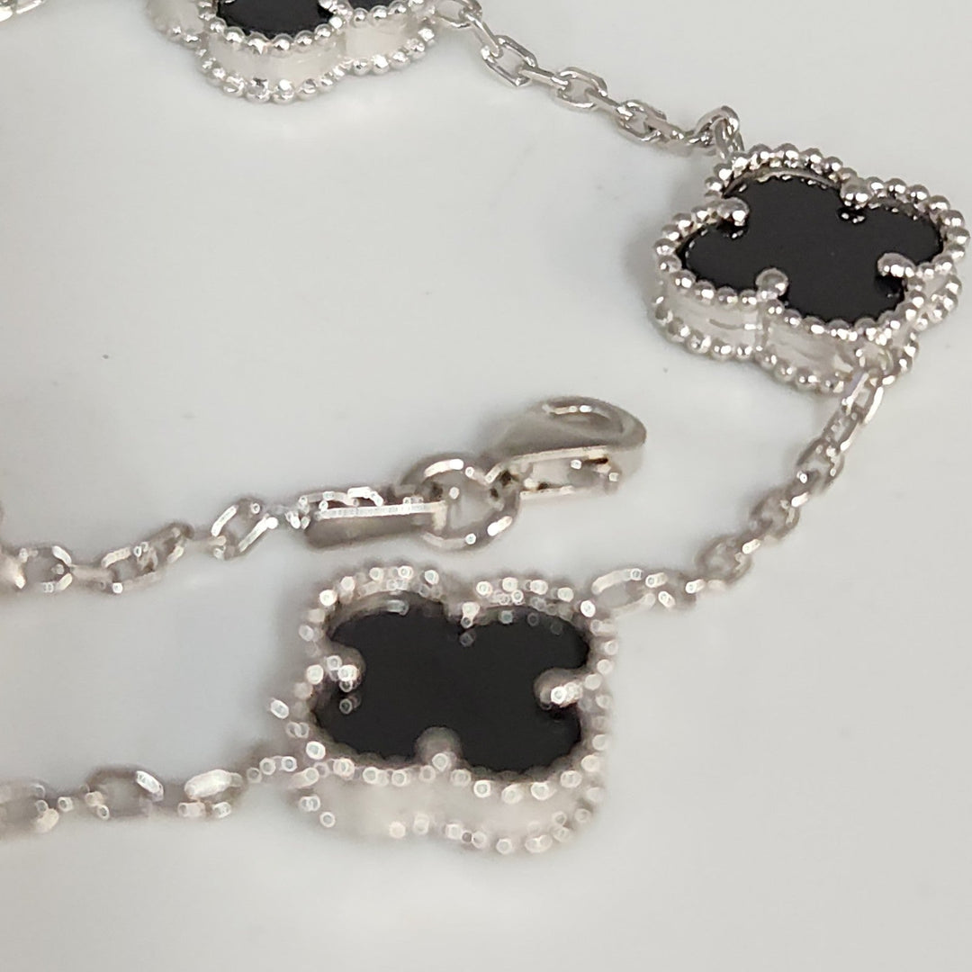 Fashion Silver Onyx Floral Clover Bracelet 8"