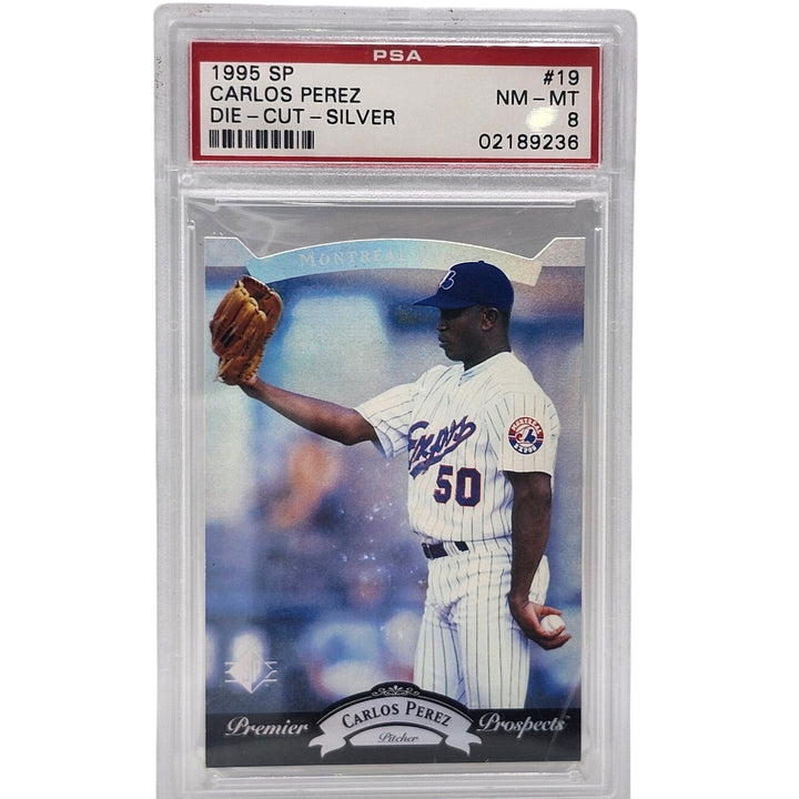 1995 Upper Deck SP Carlos Perez Die-Cut Silver Premier Prospects #19 PSA 8 NM-MT