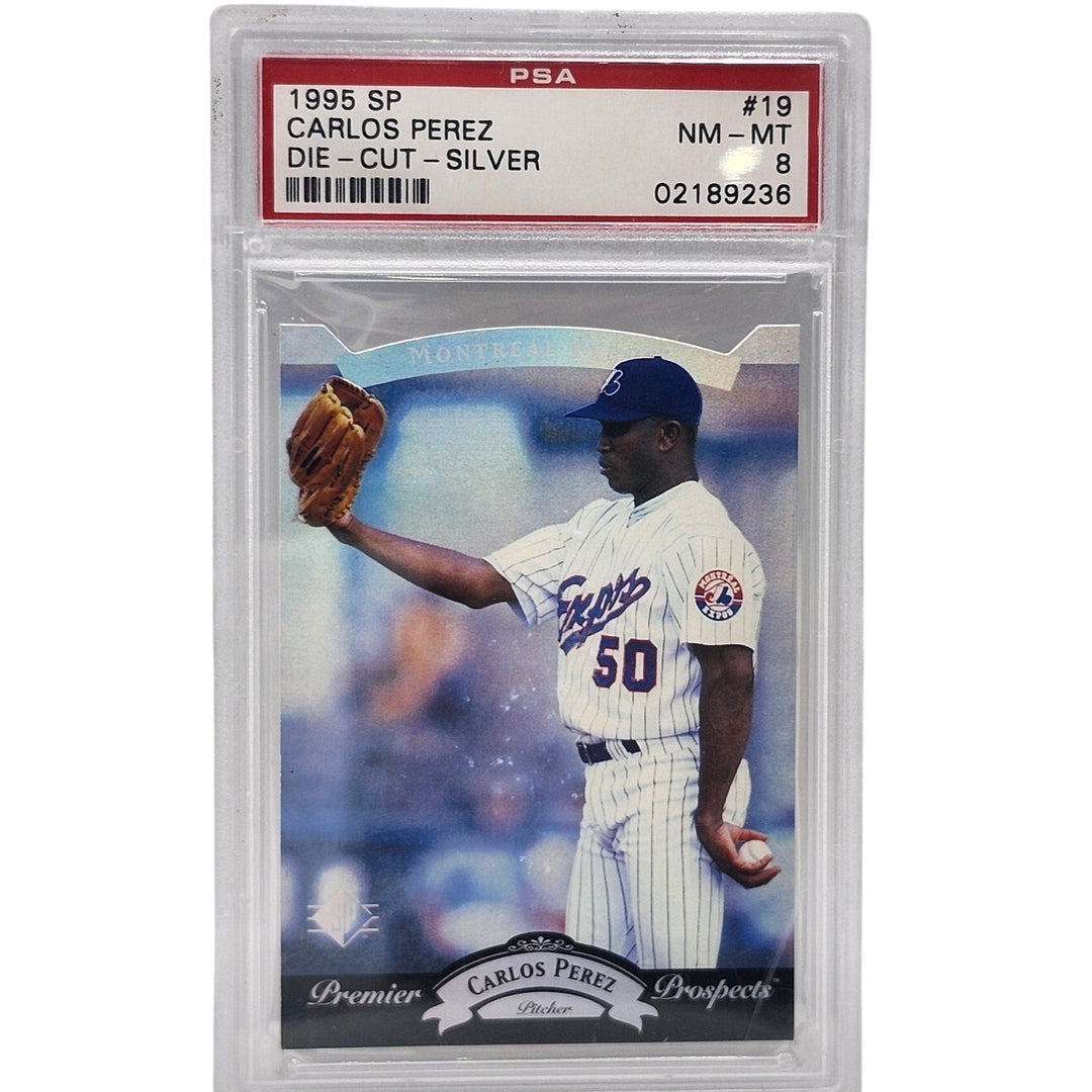 1995 Upper Deck SP Carlos Perez Die-Cut Silver Premier Prospects #19 PSA 8 NM-MT