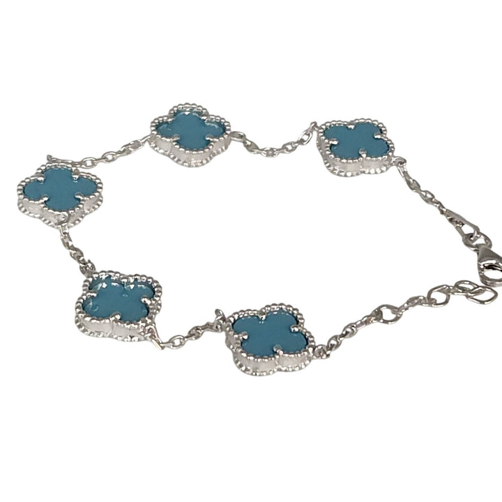 Fashion Silver Bracelet With Turquoise Floral Clover Links 7.5"