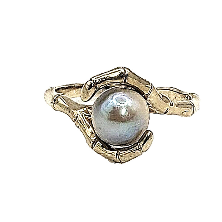 Vintage 14k Gold Natural Grey 7.8MM Pearl Bamboo Style Ring 3.6g, Sz 5.75