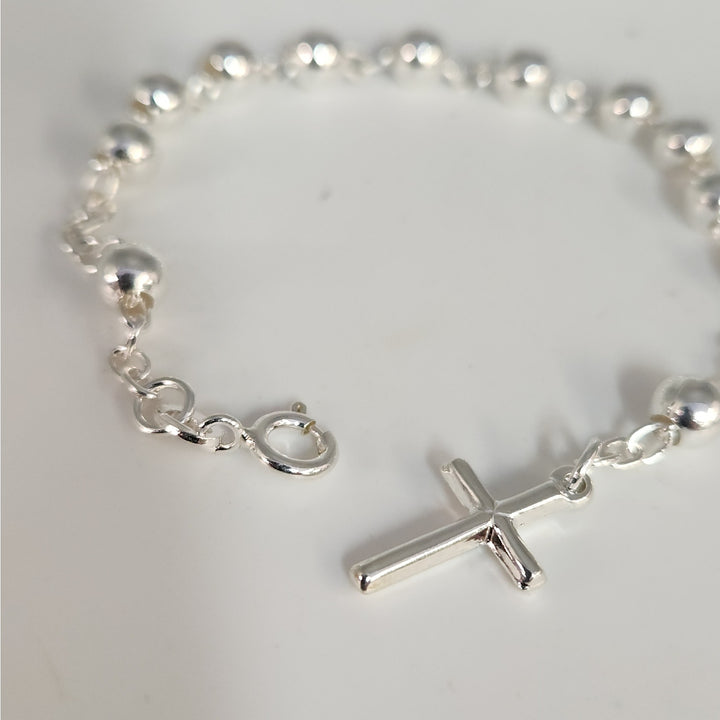 925 Sterling Silver Rosary Bead Cross Bracelet 7.5"