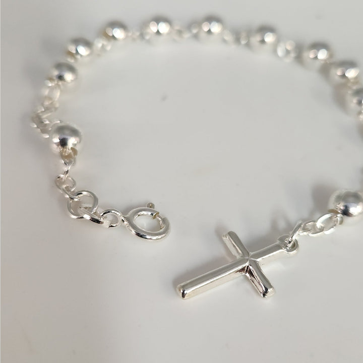 925 Sterling Silver Rosary Bead Cross Bracelet 7.5"