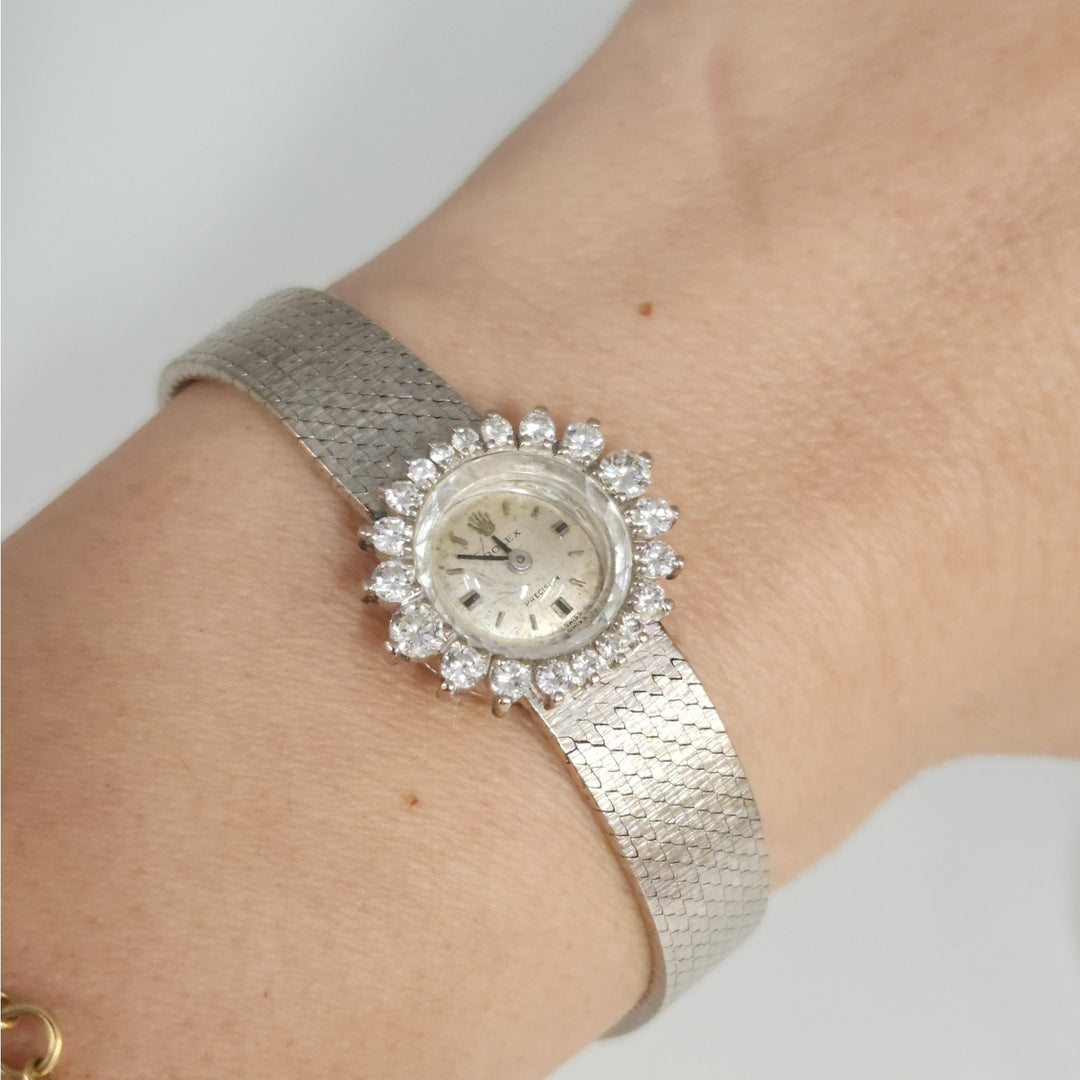 Vintage 18k White Gold Rolex Precision Diamond Halo SS Bracelet ( Not Working)