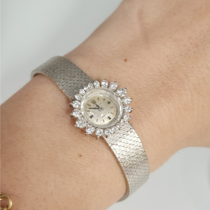 Vintage 18k White Gold Rolex Precision Diamond Halo SS Bracelet ( Not Working)