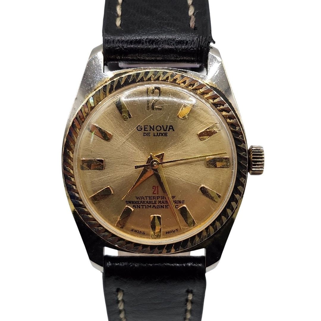 Genova De Luxe 21 Jewels Mechanical Watch Fluted Bezel & Black Leather Strap