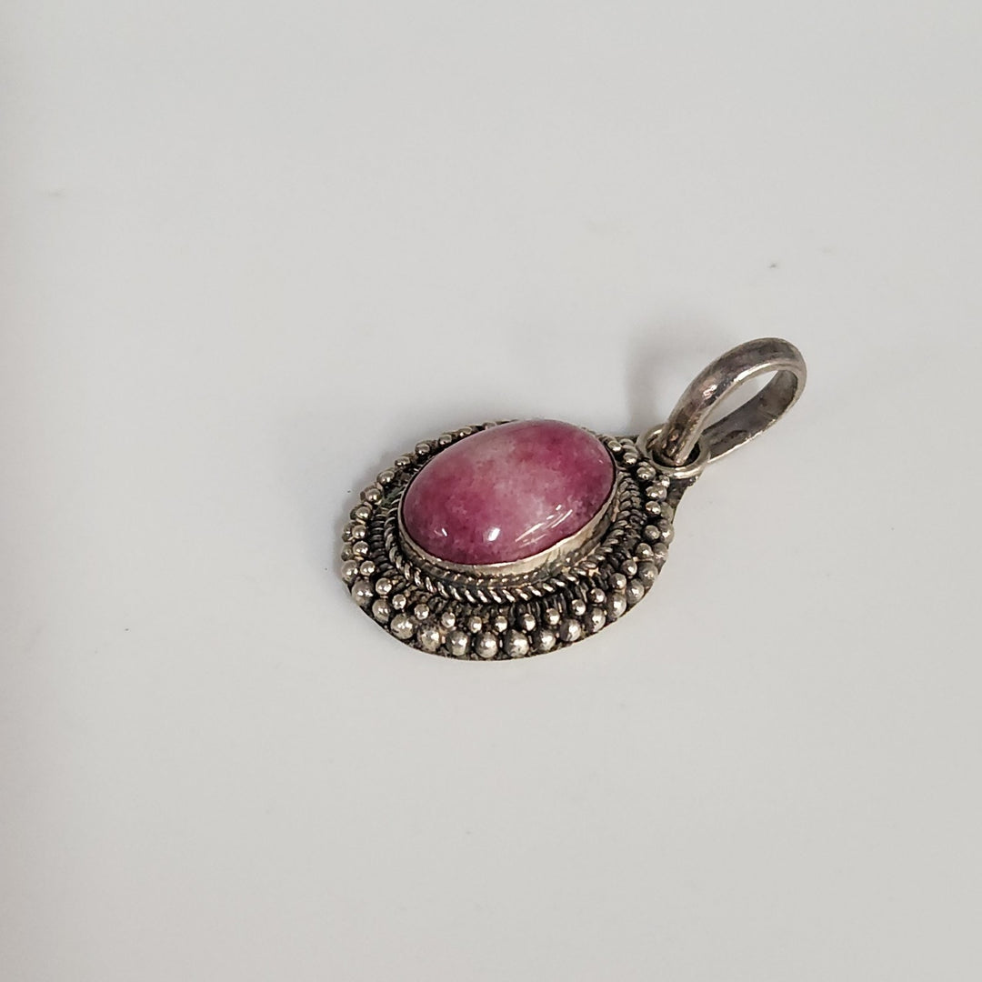 Vintage 925 Sterling Silver Dyed Pink Quartz Cabochon Pendant