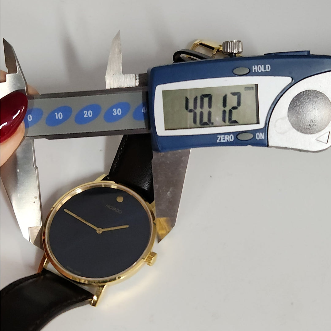 Movado Museum Classic Swiss Made Watch Blue Dial Gold -Tone Case, Brown Leather Strap Box & Tag