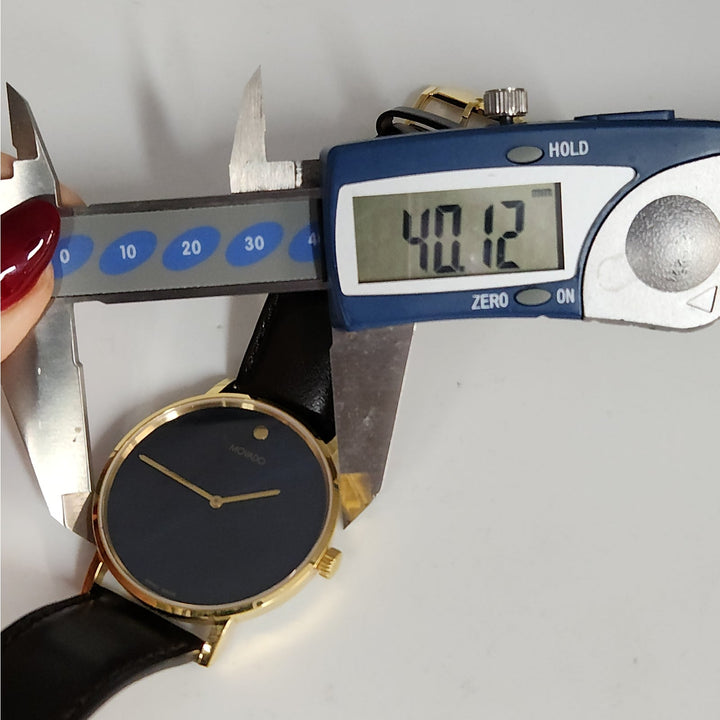 Movado Museum Classic Swiss Made Watch Blue Dial Gold -Tone Case, Brown Leather Strap Box & Tag