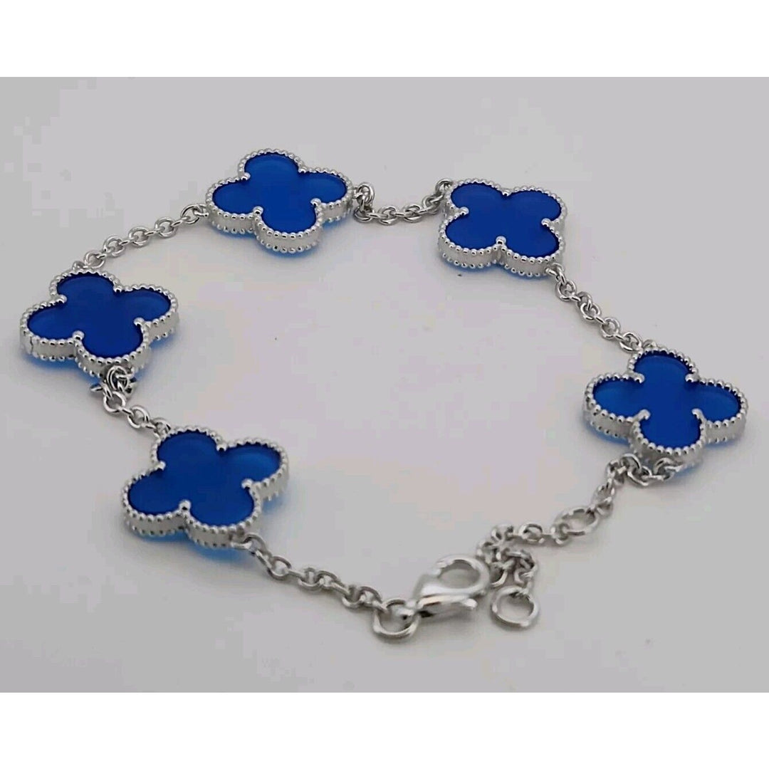 925 Sterling Silver Blue Flowers Bracelet 8.2"