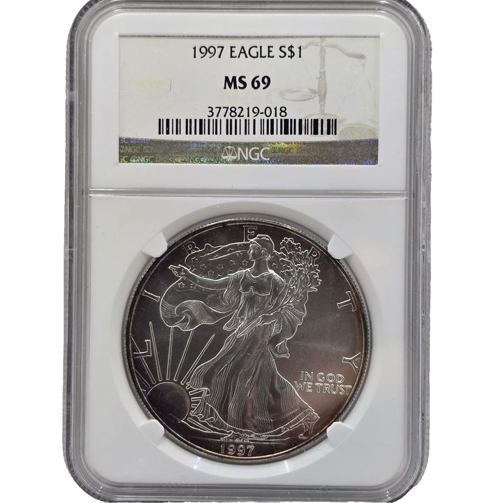 1988 American Silver Eagle, 1Oz Fine .999 Silver Uncirculated $1 NGC MS69 Toning