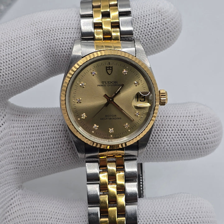 Vintage Tudor Prince Oysterdate 72033 18K Gold Bezel Diamond Dial Circa 1995