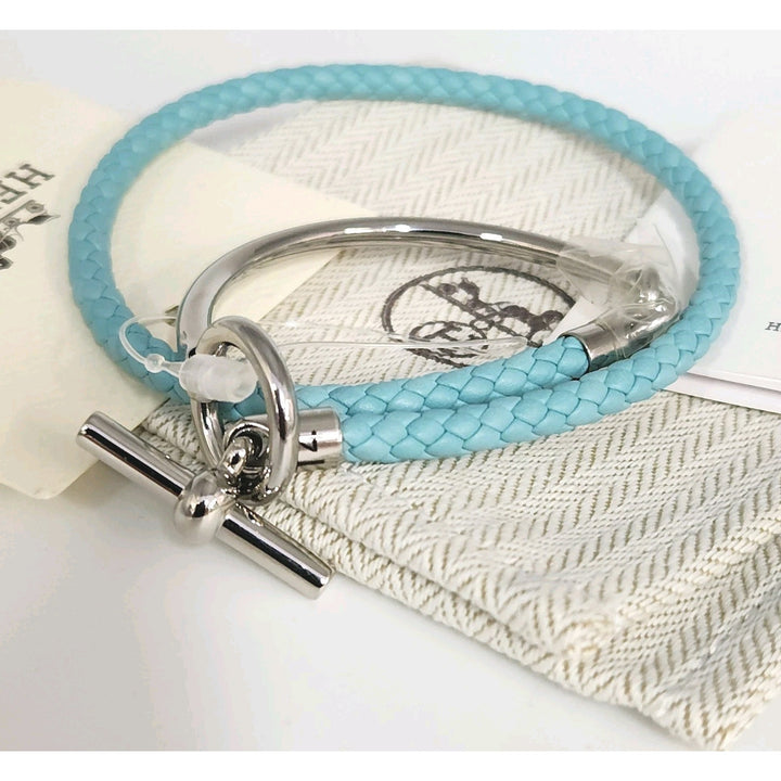 New Hermes Blue Glenan H Link Double Tour Calfskin Size T4 Bracelet