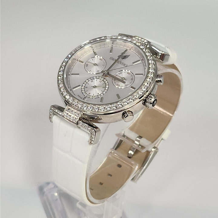 Swarovski Crystal Chronograph Stainless Steel White Leather Strap Watch