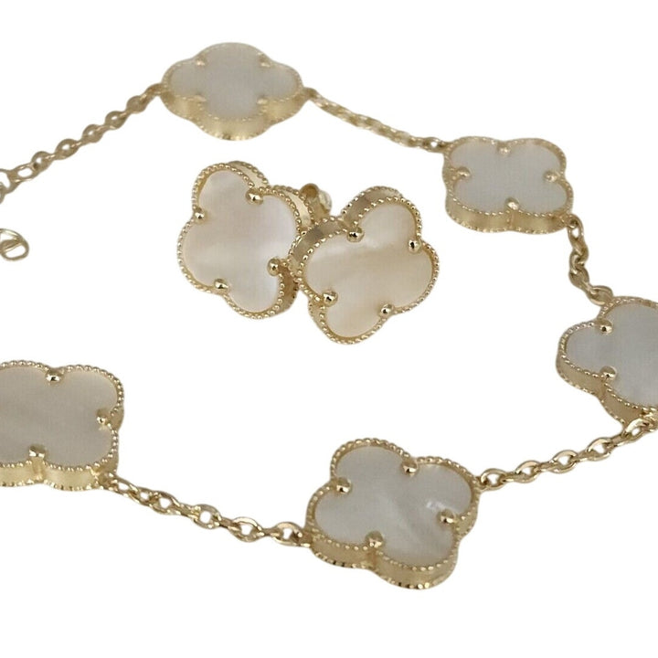 14k Yellow Gold Set Of Mother Of Pearl Flowers Bracelet 7.5" And Earrings