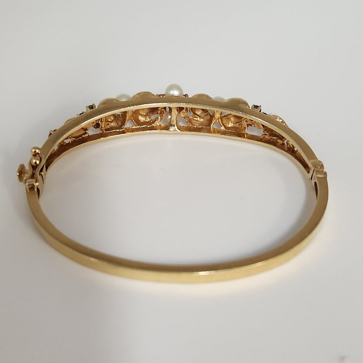 Antique 14k Yellow Gold Diamond,Pearls,Ruby &Sapphire Bangle Bracelets