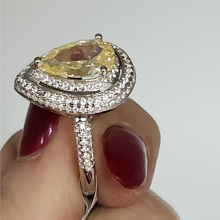 925 sterling silver Pear cut Yellow stone & zirconia Halo  Ring size 9