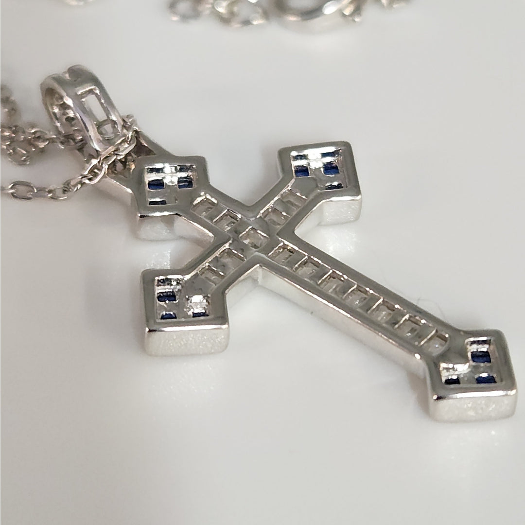 Elegant 925 Sterling Silver Cross Pendant Necklace Baguette CZ & Blue Sapphires