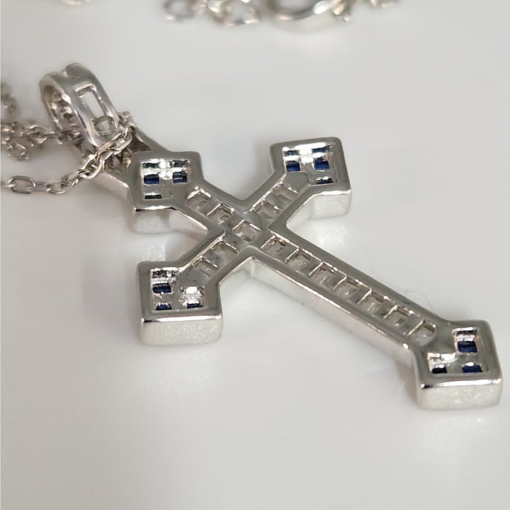 Elegant 925 Sterling Silver Cross Pendant Necklace Baguette CZ & Blue Sapphires