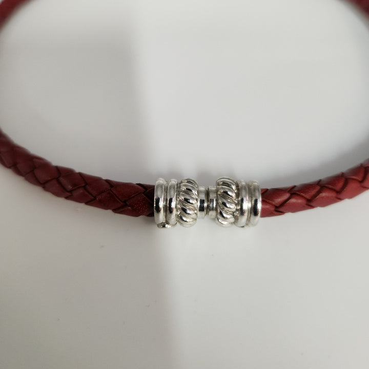 Judith Ripka Braided Red Leather Choker With Sterling Magnet Clasp 15.5"
