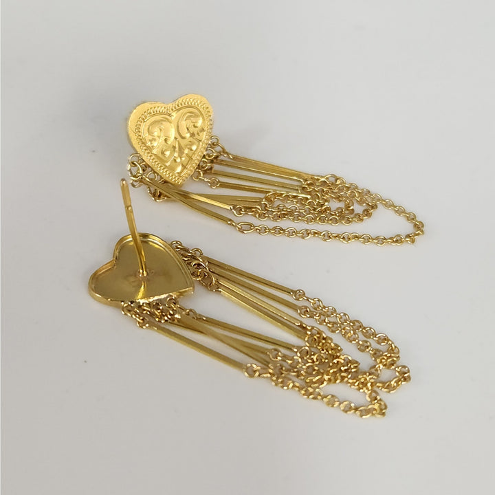 Vintage 18k Yellow Gold Heart Tassel Dangle Earrings