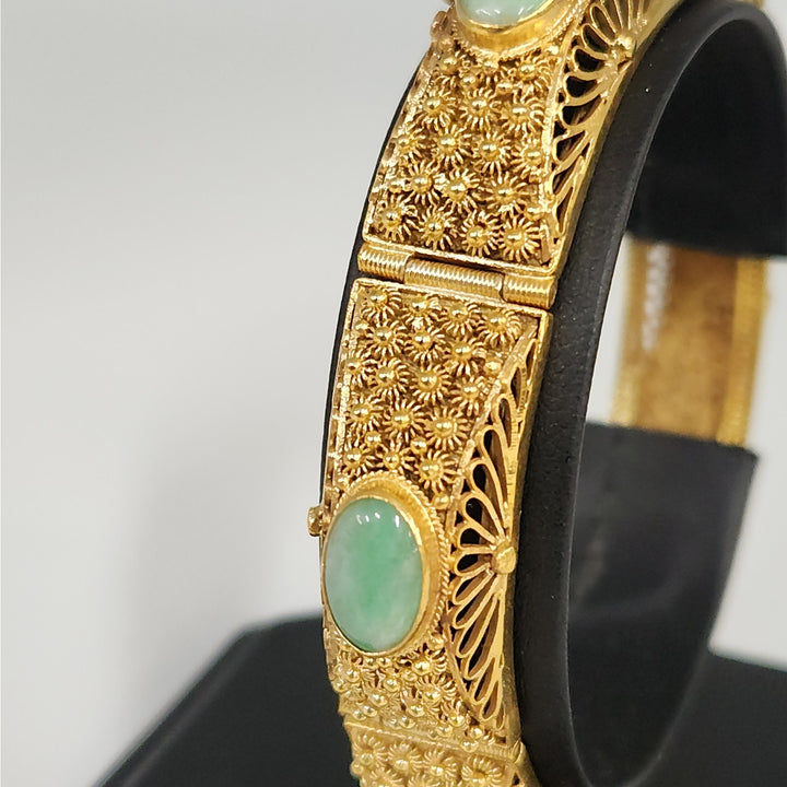 Vintage Natural Jade Gold-Plated Sterling Silver Filigree Hinged Bangle Bracelet