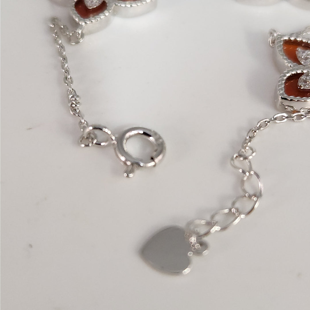 Pretty 925 Sterling Silver Red Clovers Floral bracelet 7.5 "