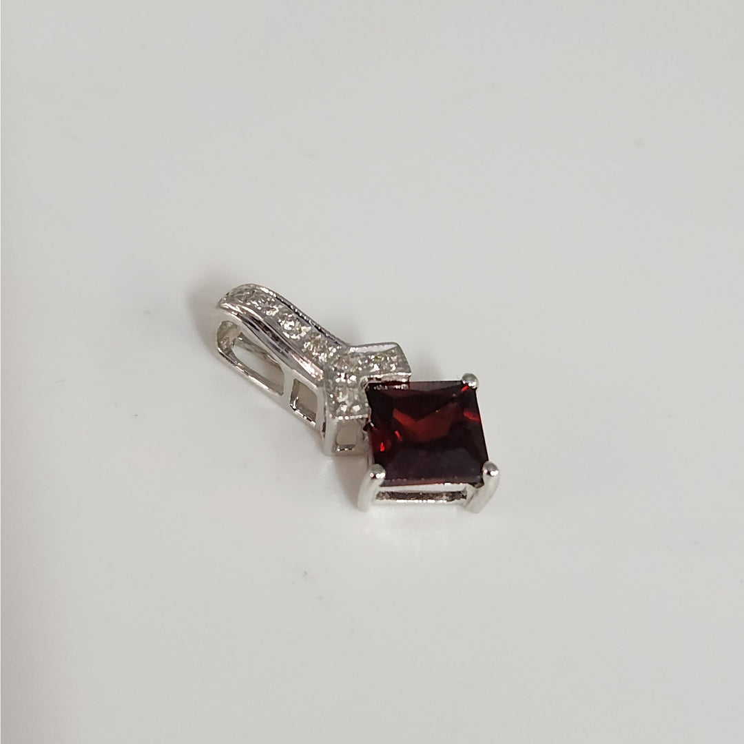 14k White Gold Natural Garnet & Diamond Pendant Princess Cut