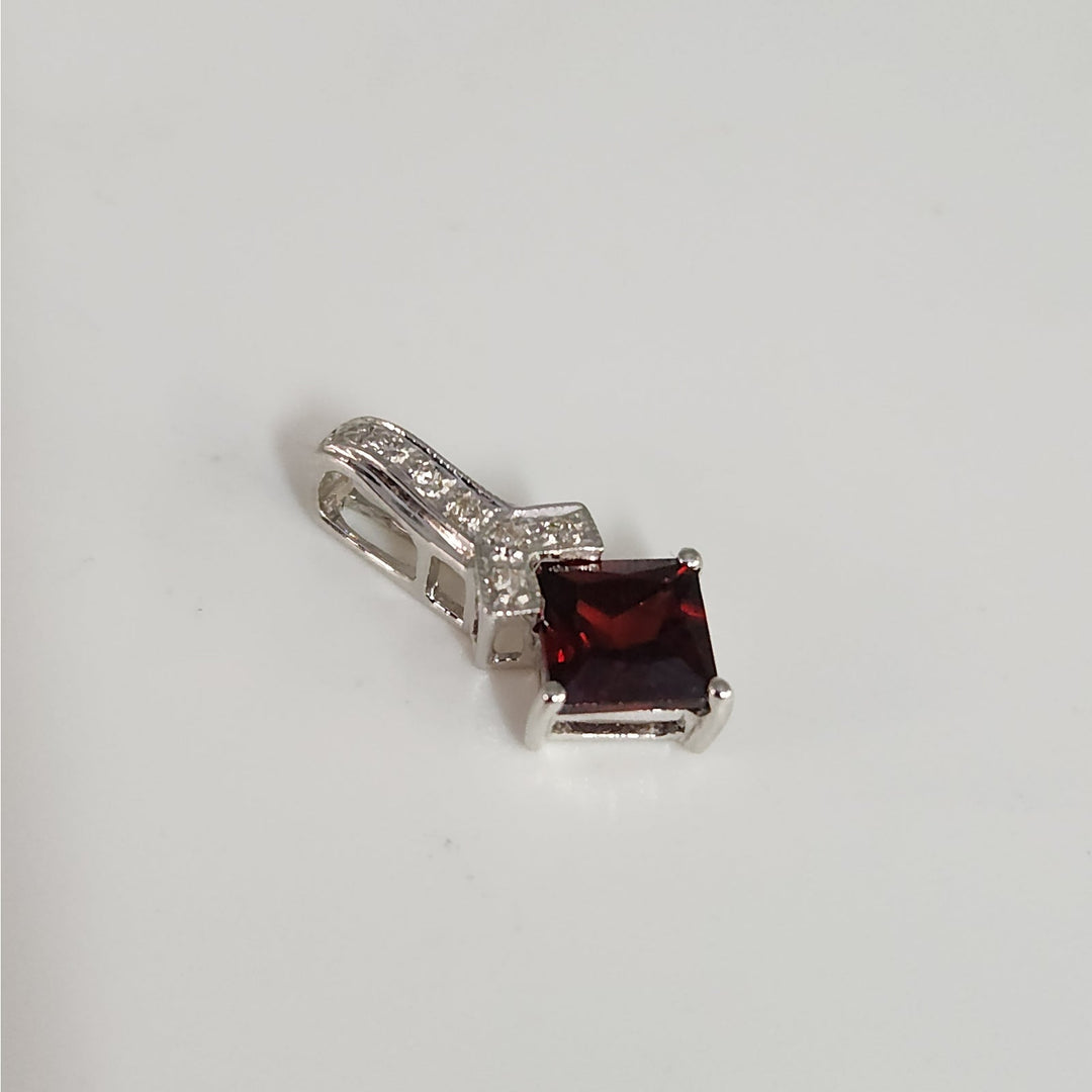 14k White Gold Natural Garnet & Diamond Pendant Princess Cut