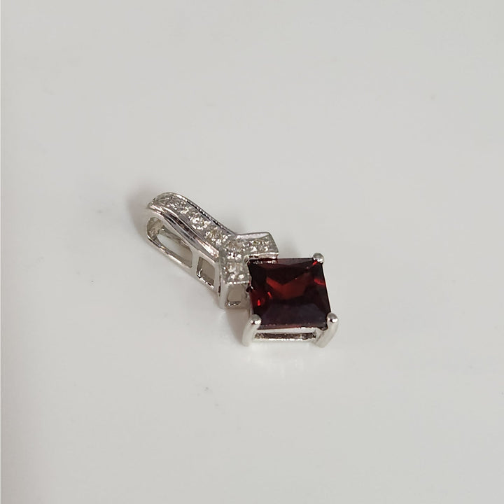 14k White Gold Natural Garnet & Diamond Pendant Princess Cut