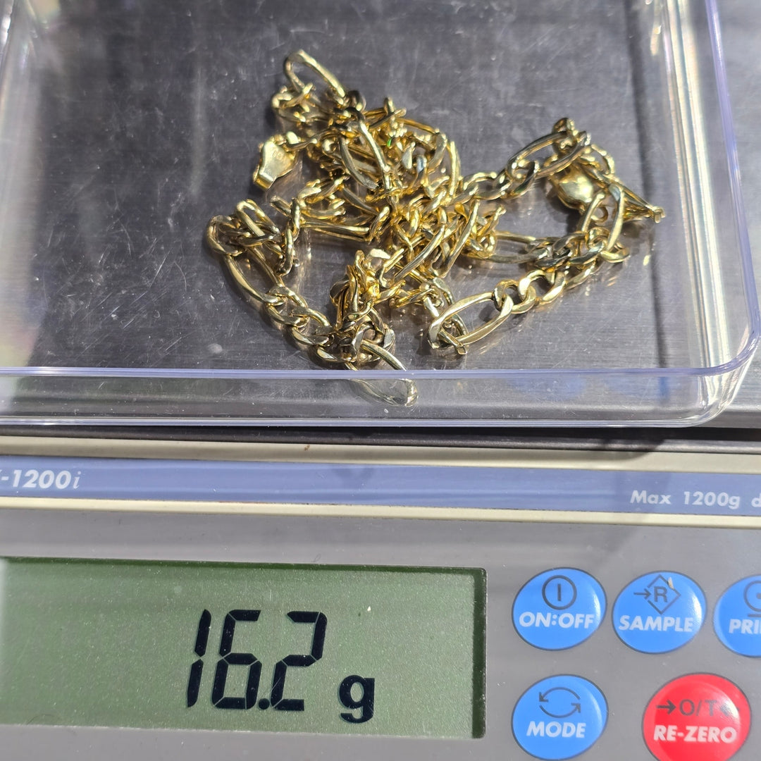 14K Yellow Gold Figaro Chain Necklace 26 Inch 16.2 Grams Lobster Clasp Italy