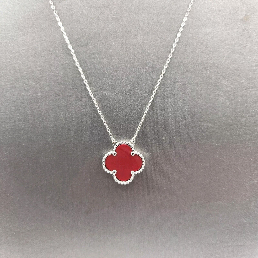 925 Sterling Silver Red Flower Pendant Necklace 17.5" A