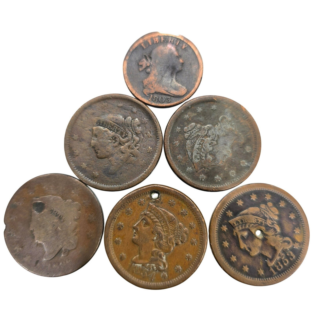 Lot of 6 Early U.S. Copper Large Cents & Half Cent 1800s Vintage Coins